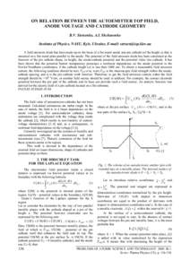 ON RELATION BETWEEN THE AUTOEMITTER TOP FIELD, ANODE VOLTAGE AND CATHODE GEOMETRY B.V. Stetsenko, A.I. Shchurenko Institute of Physics, NASU, Kyiv, Ukraine, E-mail:  A field emission diode has been mad