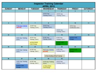 Inspector Training Calendar APRIL 2015 SUNDAY MONDAY