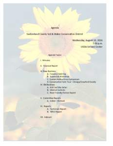 Agenda  Switzerland County Soil & Water Conservation District Wednesday, August 10, 2016 7:00 p.m. USDA Service Center