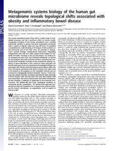 Metagenomic systems biology of the human gut microbiome reveals topological shifts associated with obesity and inﬂammatory bowel disease Sharon Greenbluma, Peter J. Turnbaughb, and Elhanan Borensteina,c,d,1 Departments