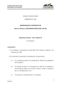 Castleburn Share Block Limited Memorandum of Incorporation REPUBLIC OF SOUTH AFRICA COMPANIES ACT, 2008
