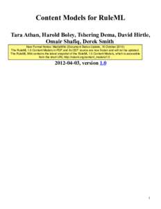 Content Models for RuleML Tara Athan, Harold Boley, Tshering Dema, David Hirtle, Omair Shafiq, Derek Smith New Format Notice: MediaWiki (Document Status Update, 16 OctoberThe RuleML 1.0 Content Models in PDF and i
