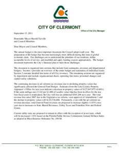 CITY OF CLERMONT Office of the City Manager September 15, 2011 Honorable Mayor Harold Turville and Council Members