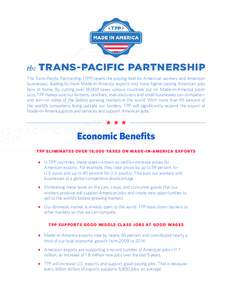 The Trans-Pacific Partnership (TPP) levels the playing field for American workers and American businesses, leading to more Made-in-America exports and more higher-paying American jobs here at home. By cutting over 18,000