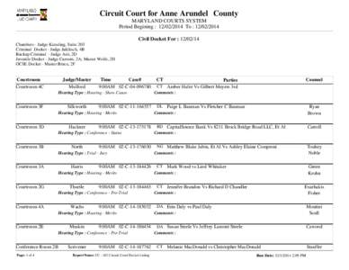 Circuit Court for Anne Arundel County MARYLAND COURTS SYSTEM Period Begining : [removed]To : [removed]Civil Docket For : [removed]Chambers - Judge Kiessling, Suite 203 Criminal Docket - Judge Jaklitsch, 4B
