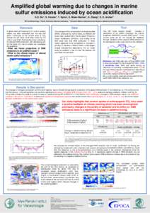 Amplified global warming due to changes in marine sulfur emissions induced by ocean acidification K.D. Six1, S. Kloster1, T. Ilyina1, E. Maier-Reimer1, K. Zhang2, S. D. Archer3 1 MPI  for Meteorology, 2 Pacific Northwest