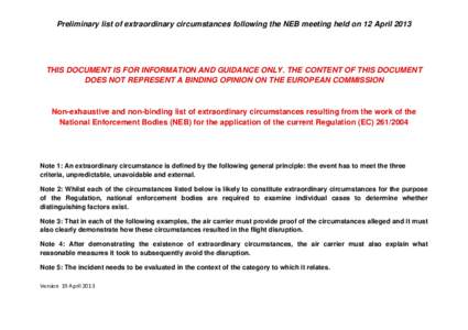 Preliminary list of extraordinary circumstances following the NEB meeting held on 12 AprilTHIS DOCUMENT IS FOR INFORMATION AND GUIDANCE ONLY. THE CONTENT OF THIS DOCUMENT DOES NOT REPRESENT A BINDING OPINION ON TH