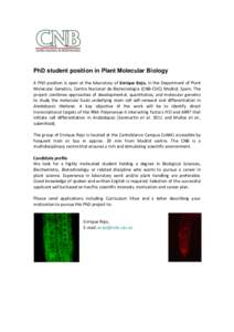 PhD student position in Plant Molecular Biology A PhD position is open at the laboratory of Enrique Rojo, in the Department of Plant Molecular Genetics, Centro Nacional de Biotecnología (CNB-CSIC) Madrid, Spain. The pro