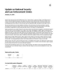Update on National Security and Law Enforcement Orders January 27, 2014 Apple has been working closely with the White House, the U.S. Attorney General, congressional leaders, and the Department of Justice to advocate for