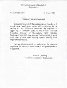 Consulate General of Bangladesh Los Angeles No: LACGlMiscl20l6 21 October 2016