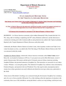 Department of Historic Resources For Immediate Release March 31, 2015 Contact: Randy Jones Department of Historic Resources / 