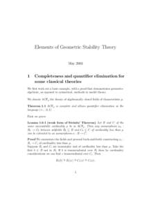 Elements of Geometric Stability Theory MayCompleteness and quantifier elimination for