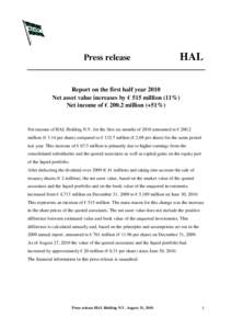 Press release  HAL Report on the first half year 2010 Net asset value increases by € 515 million (11%)