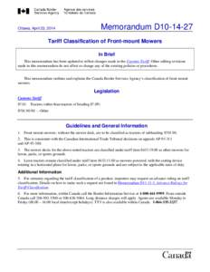 Memorandum D10[removed]Ottawa, April 23, 2014 Tariff Classification of Front-mount Mowers In Brief