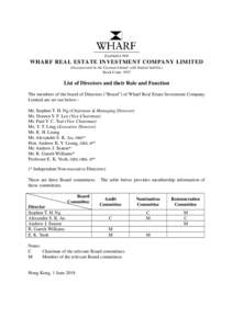 WHARF REAL ESTATE INVESTMENT COMPANY LIMITED (Incorporated in the Cayman Islands with limited liability) Stock Code: 1997 List of Directors and their Role and Function The members of the board of Directors (“Board”) 