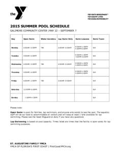 2015 SUMMER POOL SCHEDULE GALIMORE COMMUNITY CENTER |MAY 22 – SEPTEMBER 7 Day  Open Swim