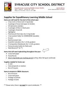SYRACUSE CITY SCHOOL DISTRICT Expeditionary Learning Middle School (ELMSS. Salina St. • Syracuse, NYPhone 315•435•6416 • Fax 315•435•4880  Jamie Alicea