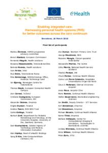 Enabling integrated care: Harnessing personal health systems (PHS) for better outcomes across the care continuum Barcelona, 18 March[removed]Final list of participants