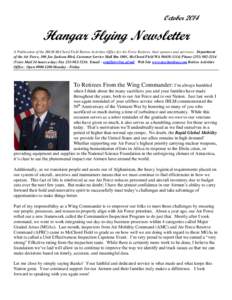 October[removed]Hangar Flying Newsletter A Publication of the JBLM McChord Field Retiree Activities Office for Air Force Retirees, their spouses and survivors. Department of the Air Force, 100 Joe Jackson Blvd, Customer Se