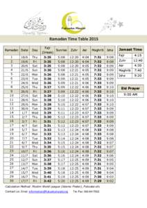 Fukuoka Masjid  Ramadan Time Table 2015 Ramadan Date  1