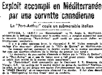 Exploit accompli. en Méditerranée par une corvette canadienne Le IIPort~Arthurli