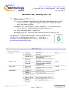 Mechanical Test Laboratory Price List