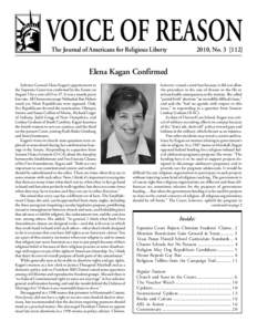 VOICE OF REASON The Journal of Americans for Religious Liberty 2010, NoElena Kagan Confirmed
