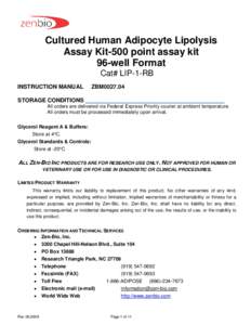 Cultured Human Adipocyte Lipolysis Assay Kit-500 point assay kit 96-well Format Cat# LIP-1-RB INSTRUCTION MANUAL