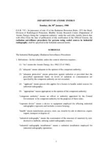 DEPARTMENT OF ATOMIC ENERGY Bombay, the 30th January, 1980 G.S.R. 735 – In pursuance of rule 15 of the Radiation Protection Rules, 1971 the Head, Division of Radiological Protection, Bhabha Atomic Research Centre (Depa