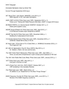 K9YA Telegraph Annotated Alphabetic Index by Article Title Current Through September 2018 Issue 007, Move Over!, John Swartz, WA9AQN, June 2014, p. 2 WWII spycraft, S.O.E. and radio interception.