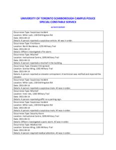    UNIVERSITY OF TORONTO SCARBOROUGH CAMPUS POLICE  SPECIAL CONSTABLE SERVICE     ACTIVITY REPORT 