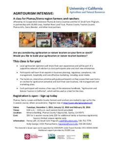 AGRITOURISM INTENSIVE: A class for Plumas/Sierra region farmers and ranchers offered by UC Cooperative Extension Plumas & Sierra Counties and the UC Small Farm Program, in partnership with 20,000 Lives, Feather River Lan