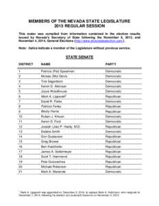 MEMBERS OF THE NEVADA STATE LEGISLATURE 2015 REGULAR SESSION This roster was compiled from information contained in the election results issued by Nevada’s Secretary of State following the November 6, 2012, and Novembe