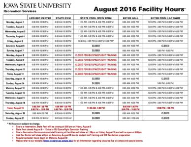 August 2016 Facility Hours* LIED REC CENTER STATE GYM  STATE POOL OPEN SWIM