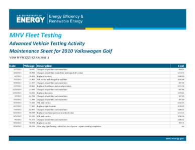 MHV Fleet Testing Advanced Vehicle Testing Activity Maintenance Sheet for 2010 Volkswagen Golf VIN# WVWZZZ1KZAW388111 Date
