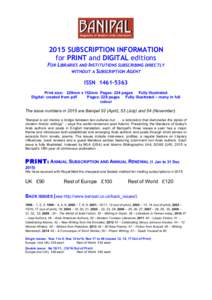 2015 SUBSCRIPTION INFORMATION for PRINT and DIGITAL editions FOR LIBRARIES AND INSTITUTIONS SUBSCRIBING DIRECTLY WITHOUT A SUBSCRIPTION AGENT  ISSN