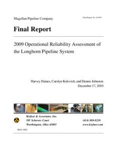 Magellan Pipeline Company  Final Report NoFinal Report 2009 Operational Reliability Assessment of