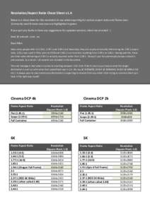 Resolution/Aspect Ratio Cheat Sheet v1.4 Below is a cheat sheet for the resolution to use when exporting for various aspect ratios and frame sizes. Commonly used formats and sizes are highlighted in green. If you spot an