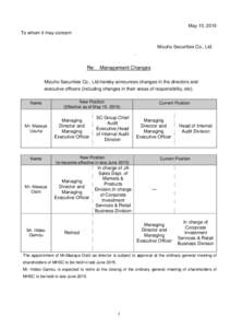 May 15, 2015 To whom it may concern Mizuho Securities Co., Ltd. .  Re: Management Changes