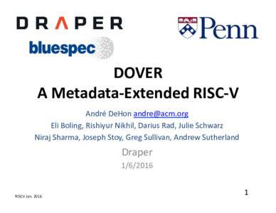 DOVER	
   A	
  Metadata-­‐Extended	
  RISC-­‐V	
   André	
  DeHon	
  	
   Eli	
  Boling,	
  Rishiyur	
  Nikhil,	
  Darius	
  Rad,	
  Julie	
  Schwarz	
   Niraj	
  Sharma,	
  Joseph	
 
