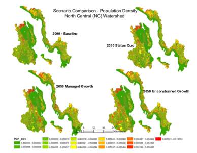 Scenario Comparison - Population Density North Central (NC) WatershedBaseline 2050 Status QuoManaged Growth