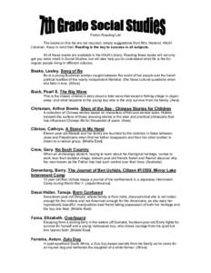 Fiction Reading List The books on this list are not required, simply suggestions from Mrs. Harland, HAJH Librarian. Keep in mind that: Reading is the key to success in all subjects. All of these books are available in th