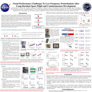 Visual Performance Challenges To Low-Frequency Perturbations After Long-Duration Space Flight and Countermeasure Development A.P. Mulavara,1 S. J. Wood,1 M. J. Fiedler,2 I. Kofman,2 W. B. Kulecz,2 C. Miller,2 B. Peters,2