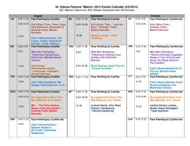 St. Helena Farmers’ Market: 2014 Events Calendar[removed]MC: Market Classroom, MG: Master Gardeners Mini Workshops 1st[removed]