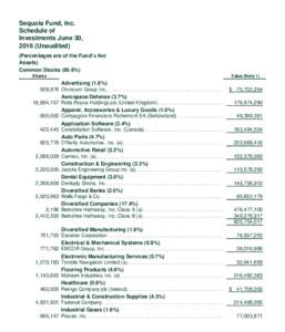 Sequoia Fund, Inc. Schedule of Investments June 30, 2016 (Unaudited) (Percentages are of the Fund’s Net Assets)