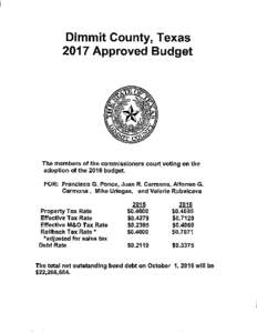 Dimmit County, Texas 2017 Approved Budget The members of the commissioners court voting on the adoption of the 2016 budget. FOR: Francisco G. Ponce, Juan R. Carmona, Alfonso G.
