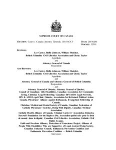 SUPREME COURT OF CANADA CITATION: Carter v. Canada (Attorney General), 2015 SCC 5 DATE: DOCKET: 35591