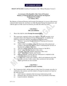 DRAFTUnofficial Translation of the “Official Myanmar Version”)  Government of the Republic of the Union of Myanmar Ministry of National Planning and Economic Development Notification NoJan