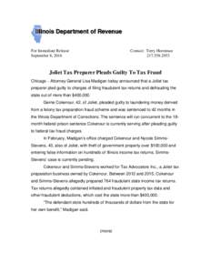 Press Release - Joliet Tax Preparer Pleads Guilty To Tax Fraud