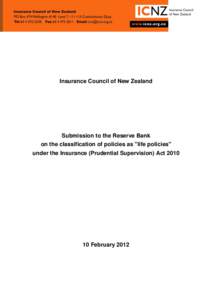 Insurance Council of New Zealand  Submission to the Reserve Bank on the classification of policies as 